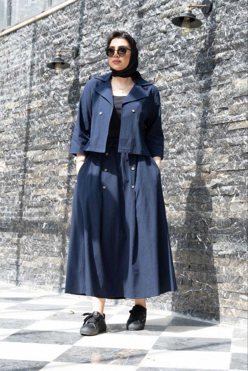 ست کت و دامن ۶ دکمه کمربند دار